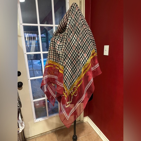 Vintage Burgundy Plaid Equestrian Print Scarf 39” Square Polyester Shawl Wrap - Picture 8 of 8